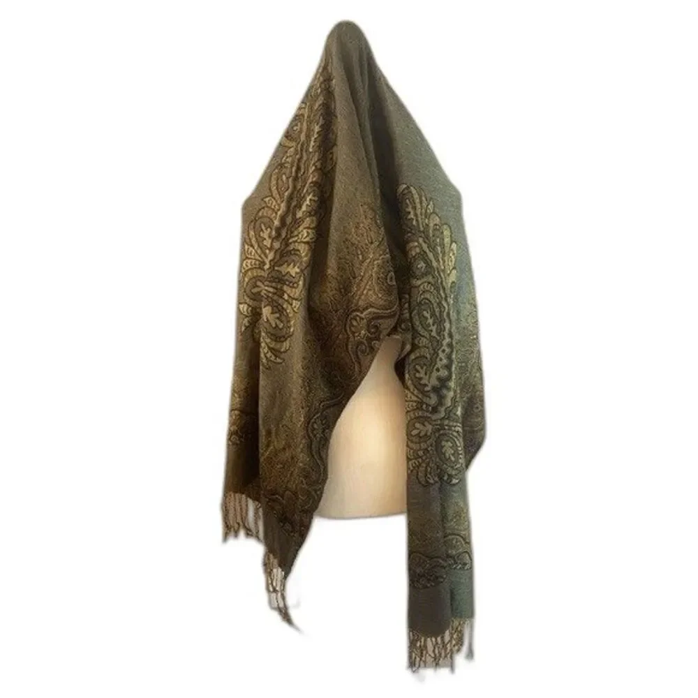 One of a Kind Cashmere Scarf Shawl Dark Green Brown 27